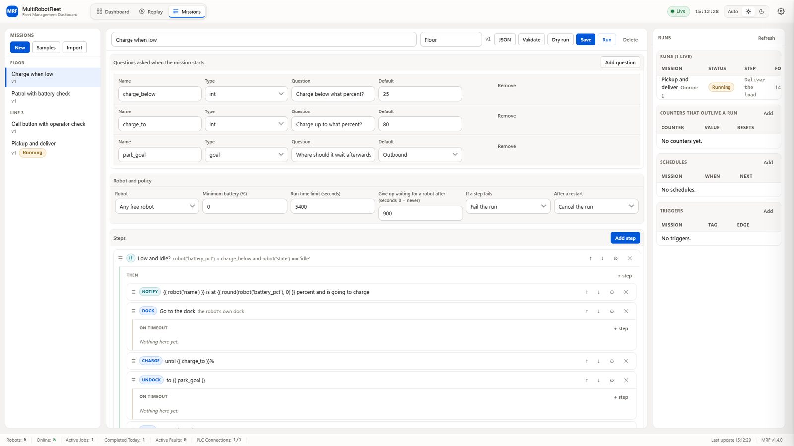 The MRF Missions view with a sample mission open in the editor: the questions it asks at start, the robot policy, and its steps, with one run live in the Runs panel on the right.