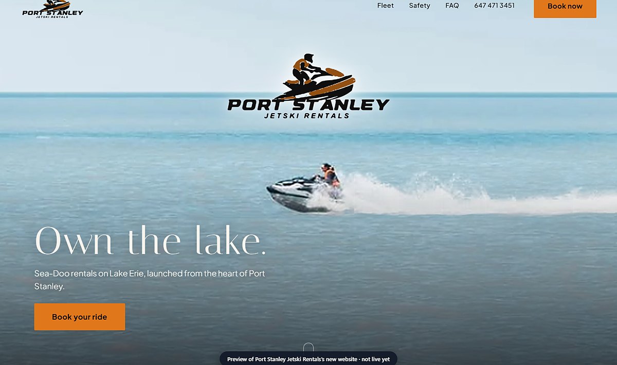Port Stanley Jetski Rentals website, Sea-Doo rental homepage with animated lake hero