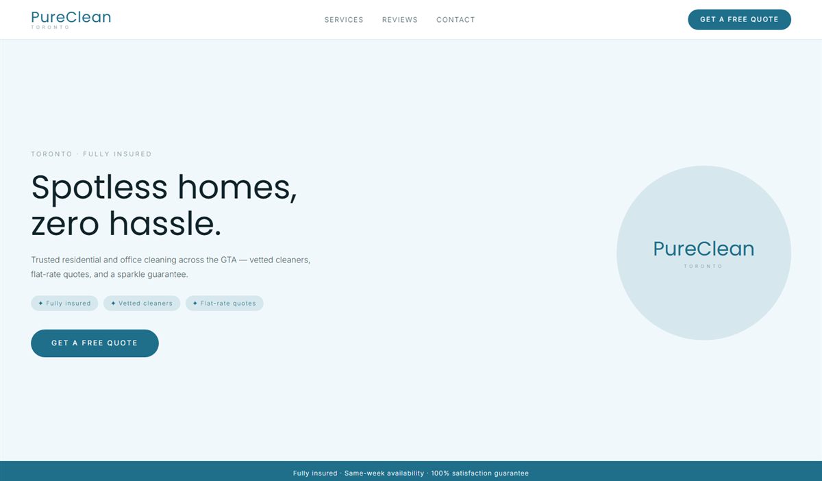 PureClean Toronto website — cleaning services homepage