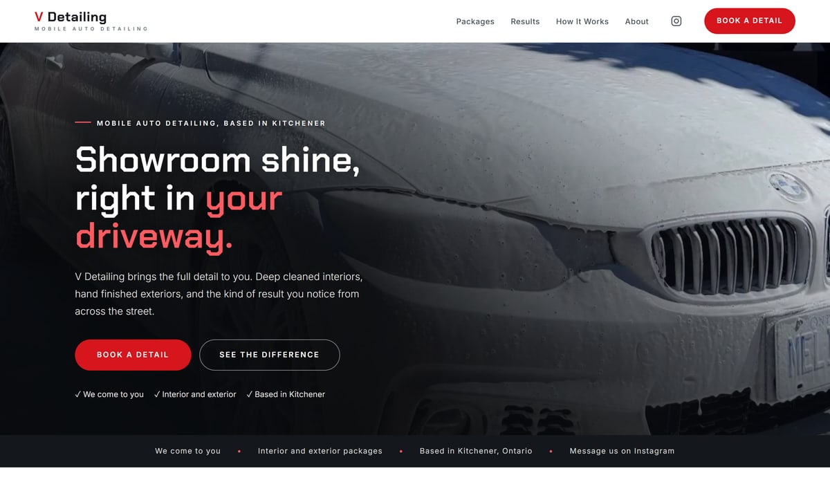 V Detailing website, mobile auto detailing homepage